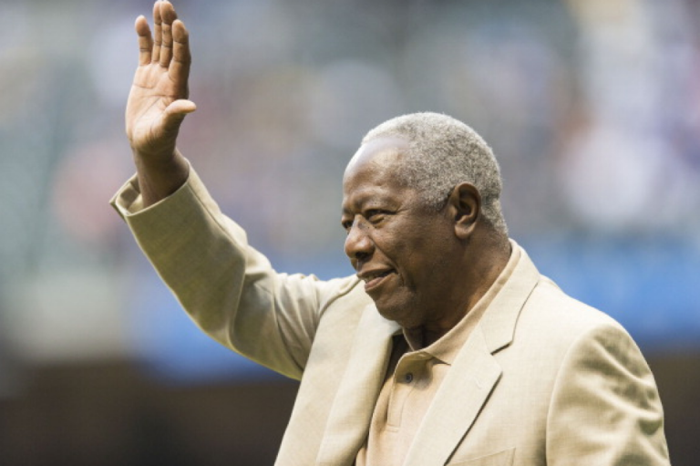 Hank Aaron waving to fans