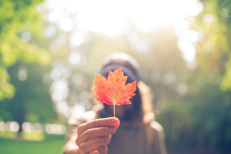 woman holding red maple leaf